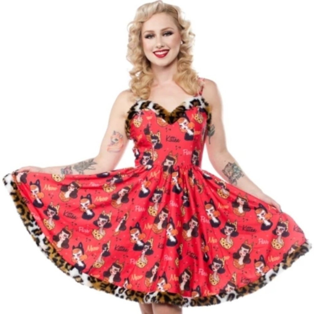 Red Pinup Swing Dress with Cat Print